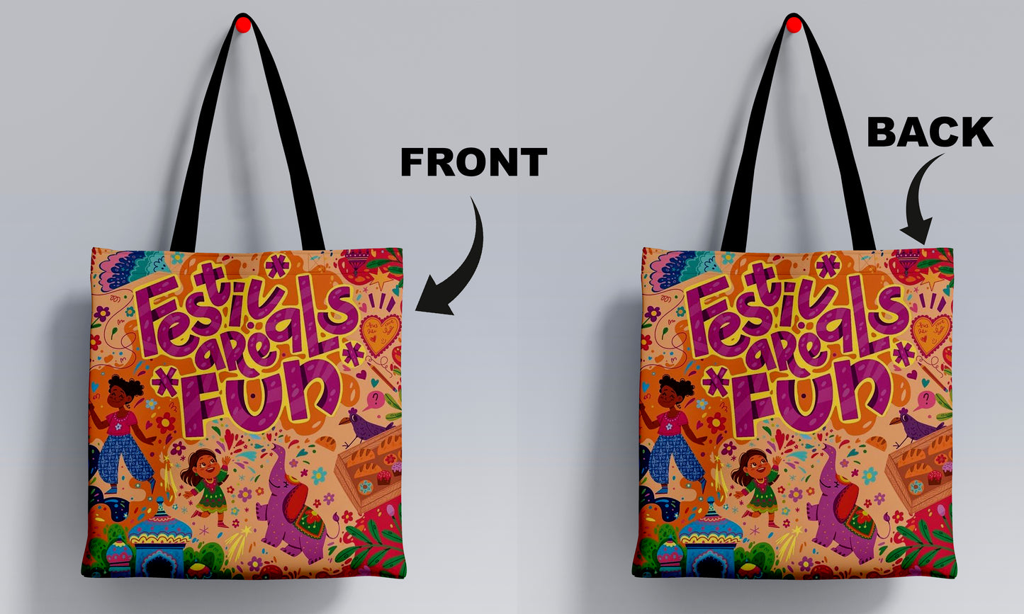 Festivals Are Fun Design Printed Black Handle Tote Bag (14 X 16 Inches) For Shopping, College, Travel