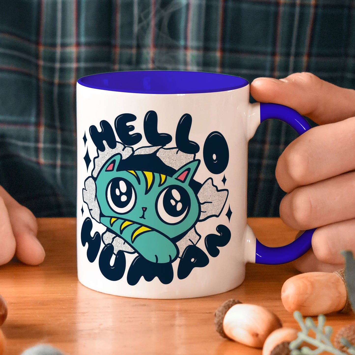 Cute Cat saying Hello Human design Dark Blue Handle 330 ml Coffee Mug
