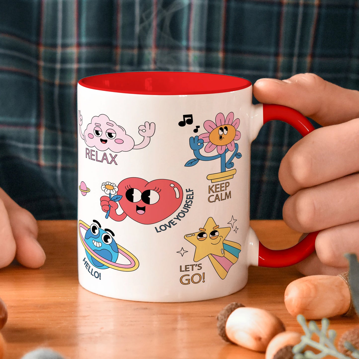 Hand drawn trendy cartoon badges design Red Handle 330 ml Coffee Mug