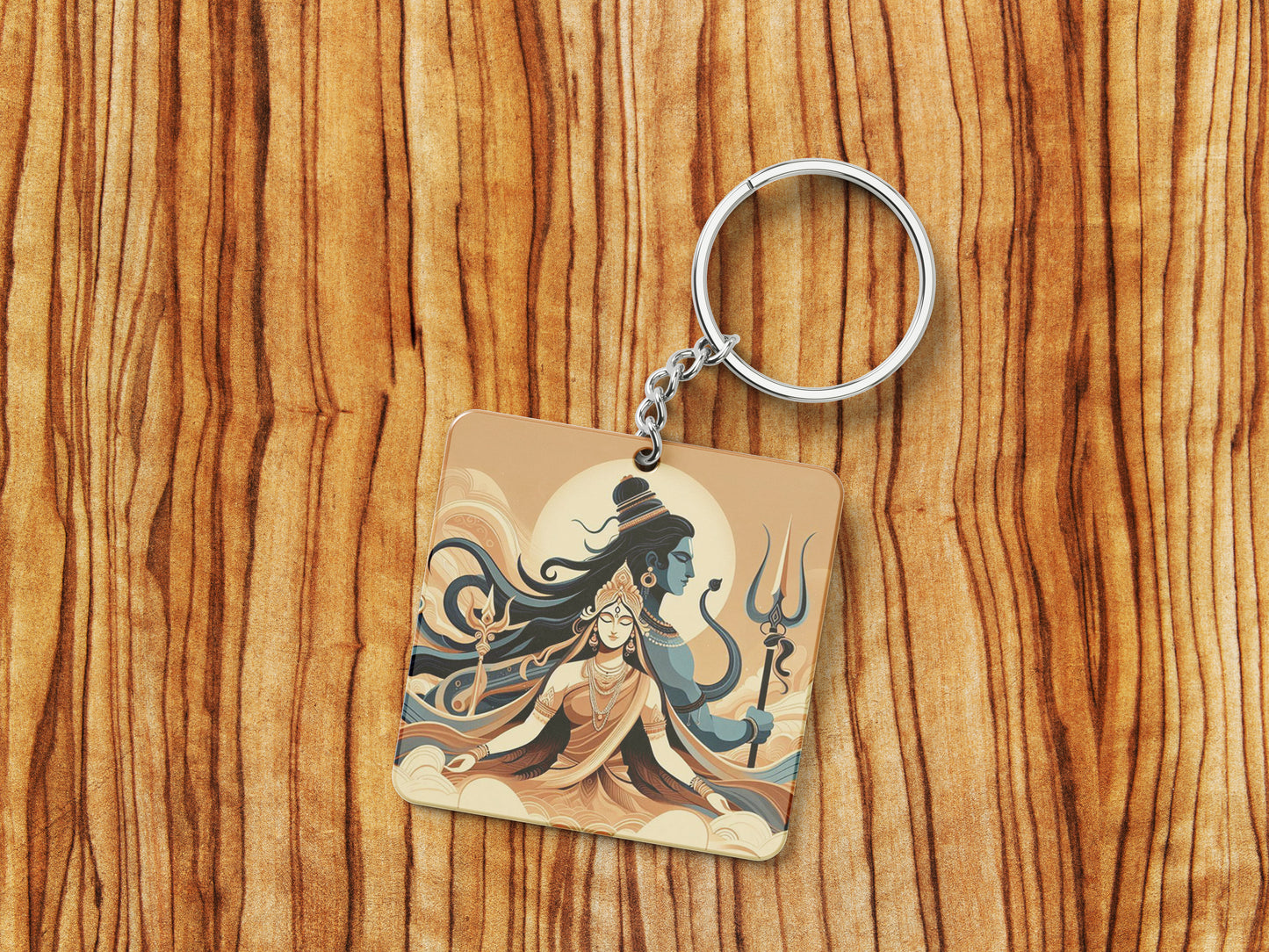 Maha Shivratri Lord Shiva Artwork, Mahadev illustration Printed Square Shape Wooden Keyring with Chain