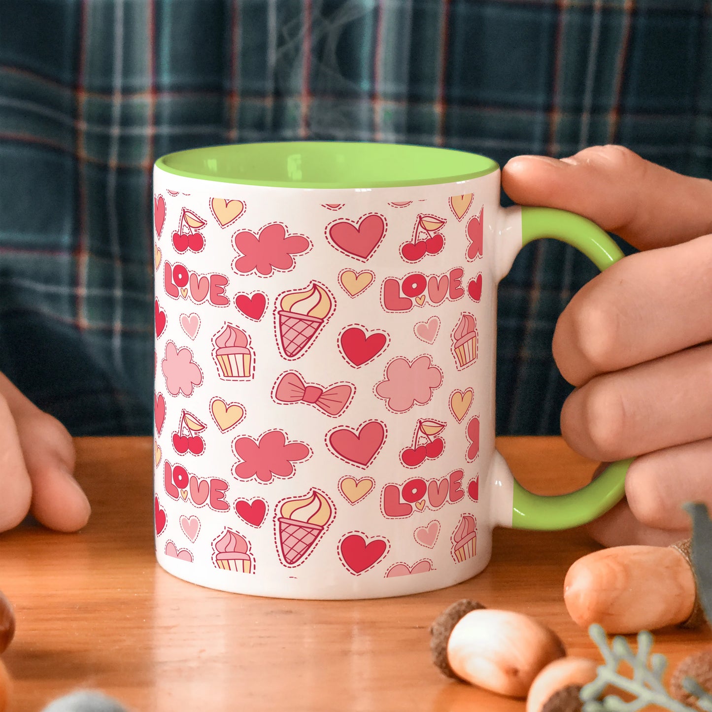 Retro pattern of decorative love elements design Light Green Handle 330 ml Coffee Mug