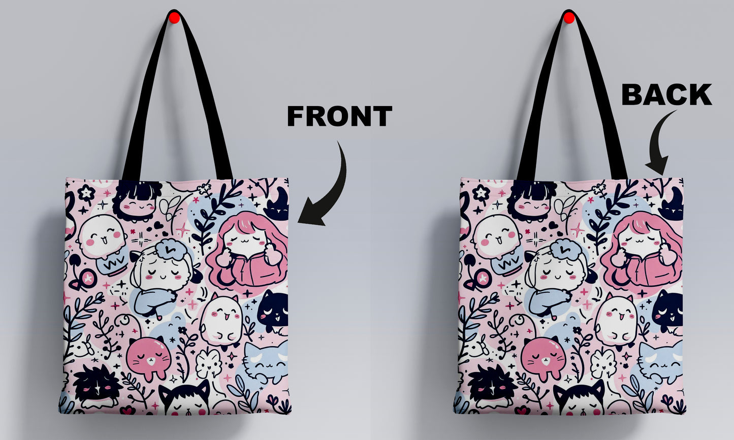 Cute Cats Pattern Printed Black Handle Tote Bag (14 X 16 Inches) For Shopping, College, Travel