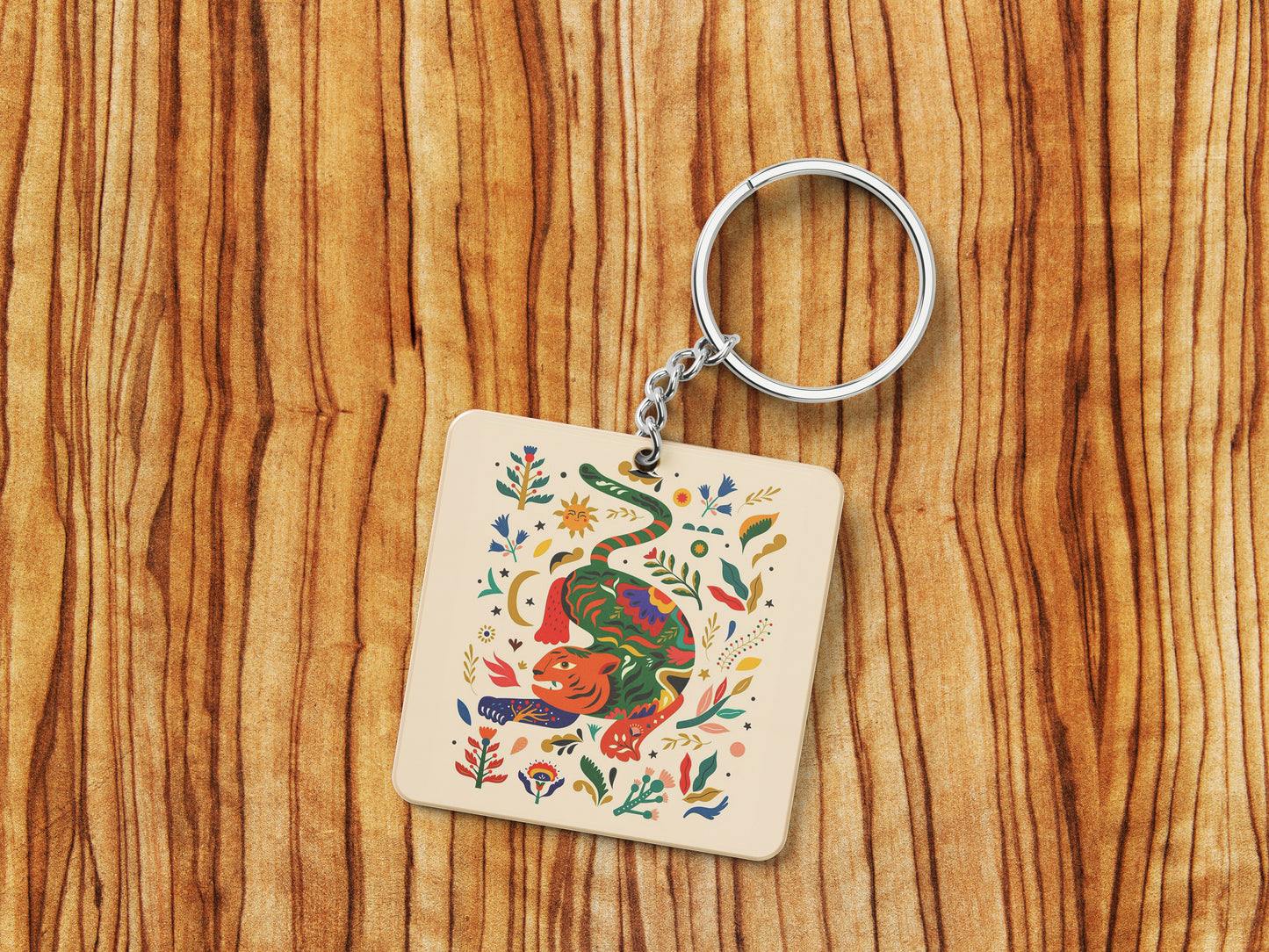 Tigers Illustration Pattern Printed 330 ml White Coffee Mug with Square Shape Wooden Keyring and Chain