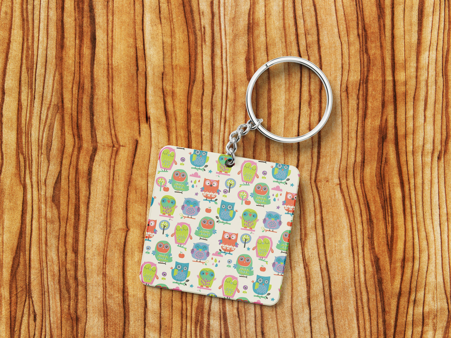 Owl Pattern Printed 330 ml White Coffee Mug with Square Shape Wooden Keyring and Chain