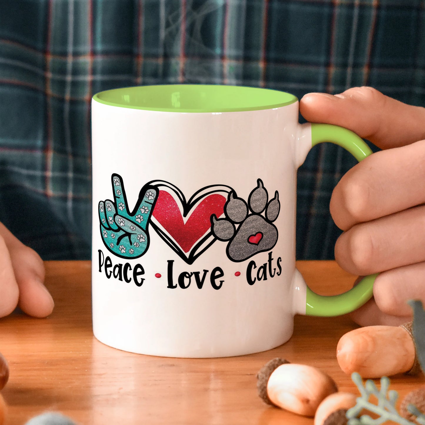 Peace Love cats design Light Green Handle 330 ml Coffee Mug