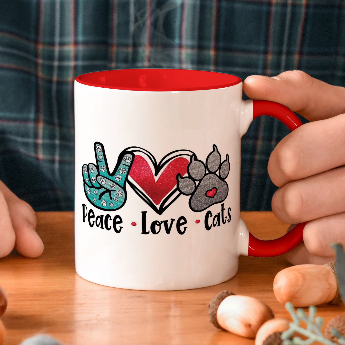 Peace Love cats design Red Handle 330 ml Coffee Mug