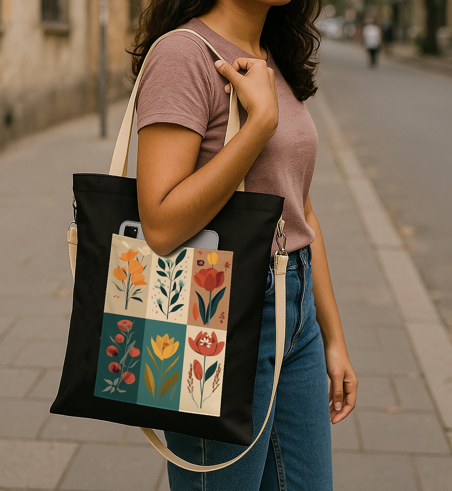 Flower art Printed Women's Girls Cross Body Sling Bag with Extra Front Pocket, College Bag for Girls, Tote Bag for Shopping,Travel