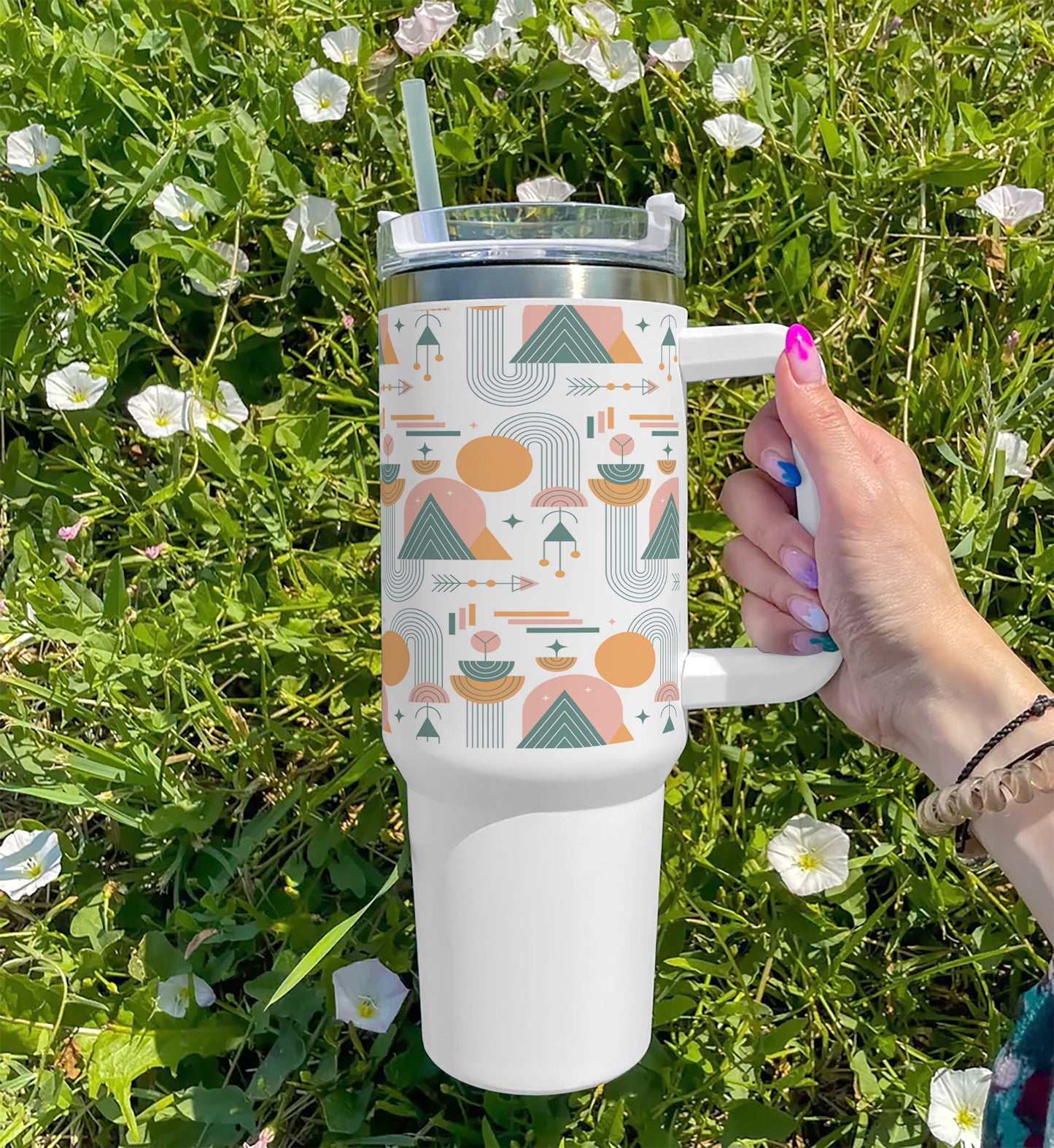 Hand drawn boho geometric pattern Printed 850ML with Lid Leak Proof Big Travel Tumbler with Handle and Straw