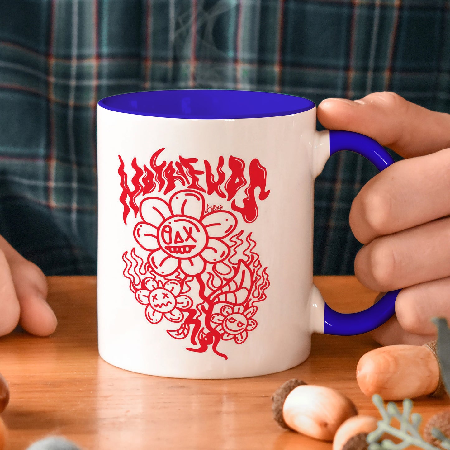 Flaming Bloom: Edgy Art Dark Blue Handle 330 ml Coffee Mug