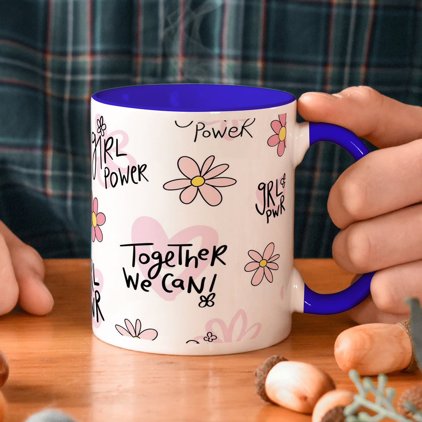 Cute pink flower and heart Seamless pattern Dark Blue Handle 330 ml Coffee Mug
