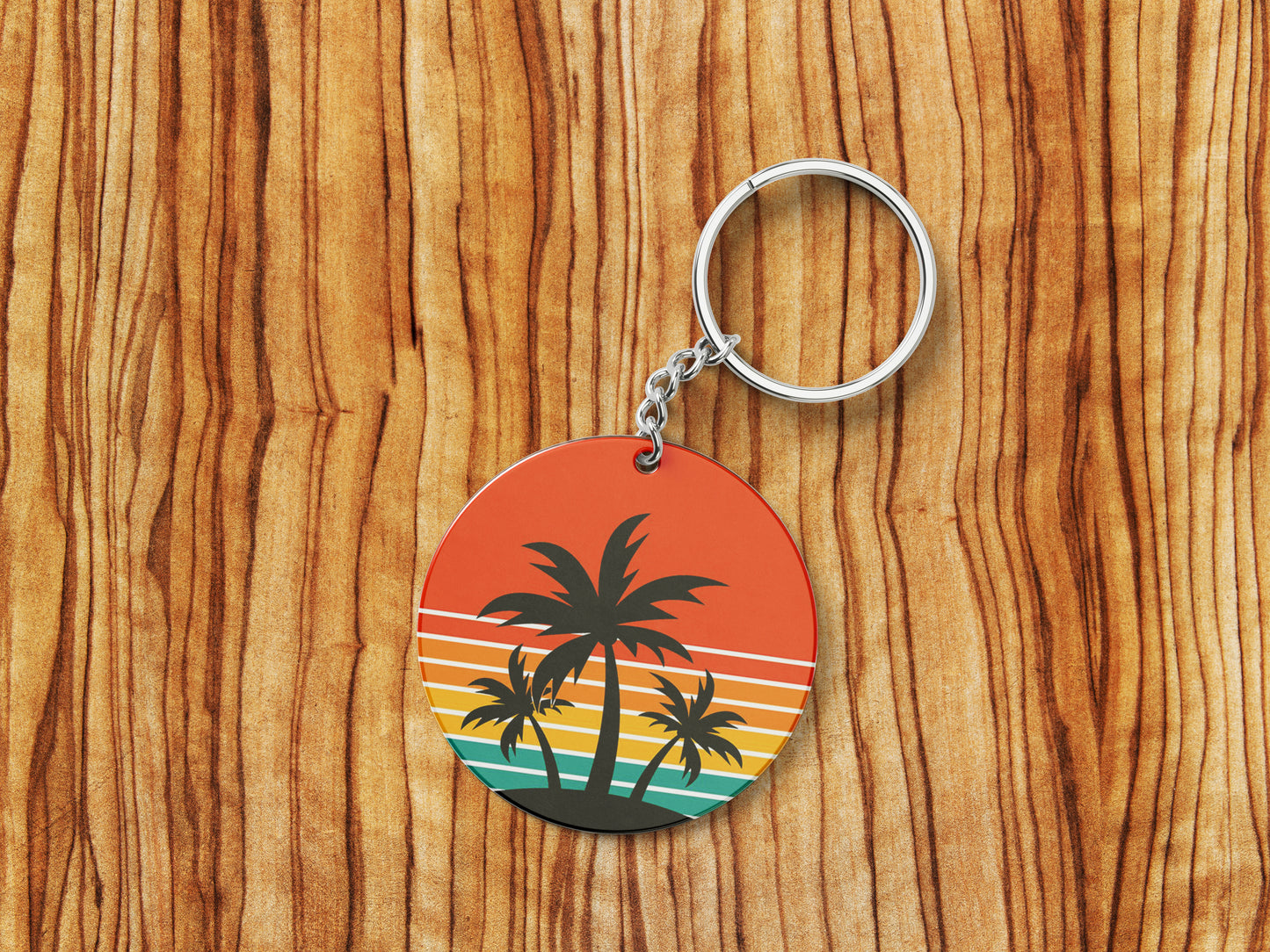 Sunset palm tree vintage vector illustration Printed Round Circle Shape Wooden Keyring with Chain