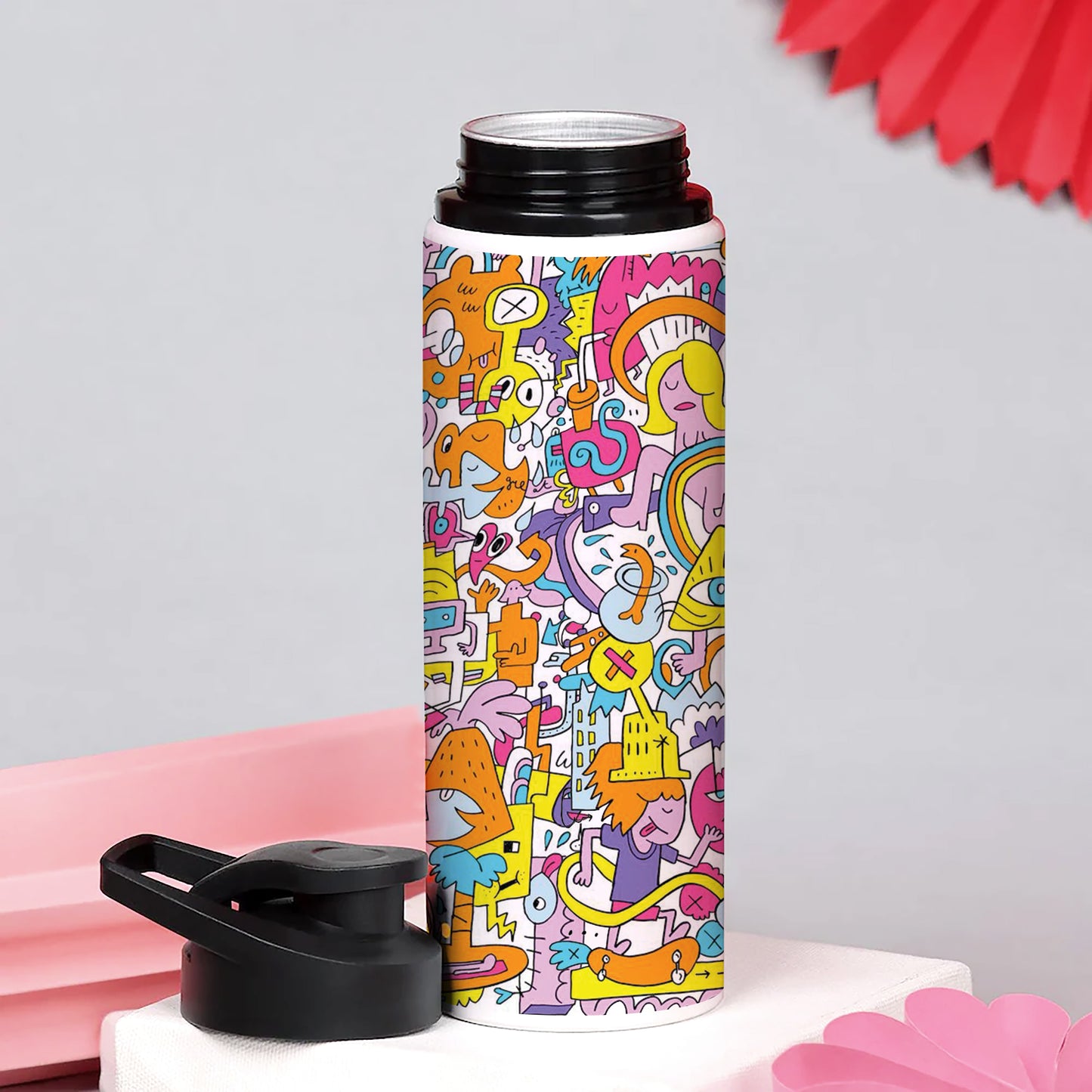 A colorful illustration of a group of people with different faces and the words Printed Eagle Shape Water Bottle 750 ml For Gym, Yoga, Kids, Boys, Girls, Brother, Sister, Babies, Baby, Workout, Adults