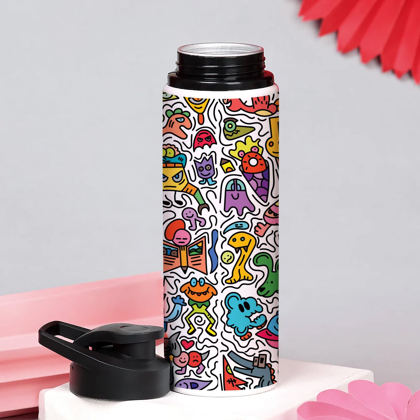 Cute colorful doodle pattern Printed Eagle Shape Water Bottle 750 ml For Gym, Yoga, Kids, Boys, Girls, Brother, Sister, Babies, Baby, Workout, Adults