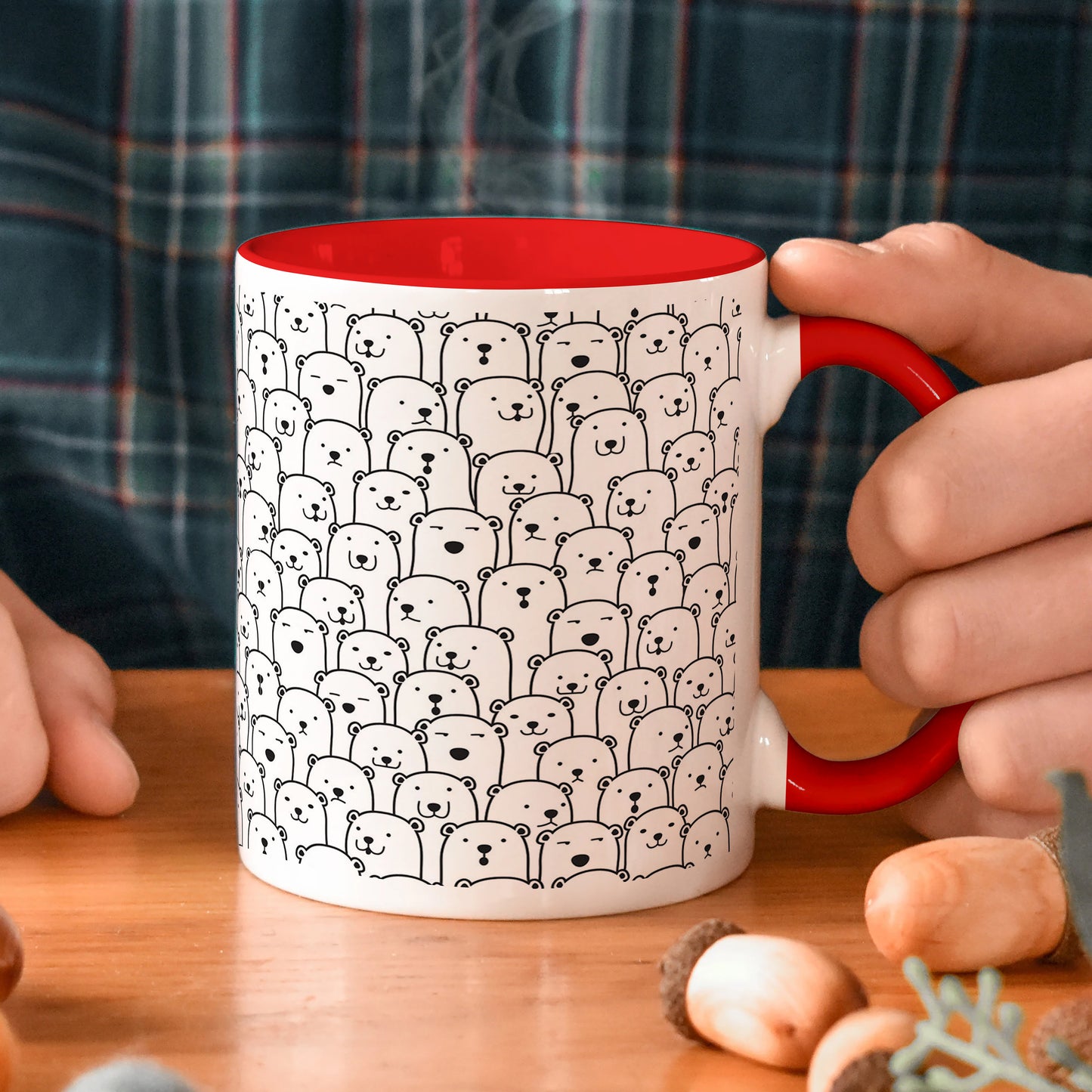 Black in white bear Doodle hand drawn pattern Red Handle 330 ml Coffee Mug