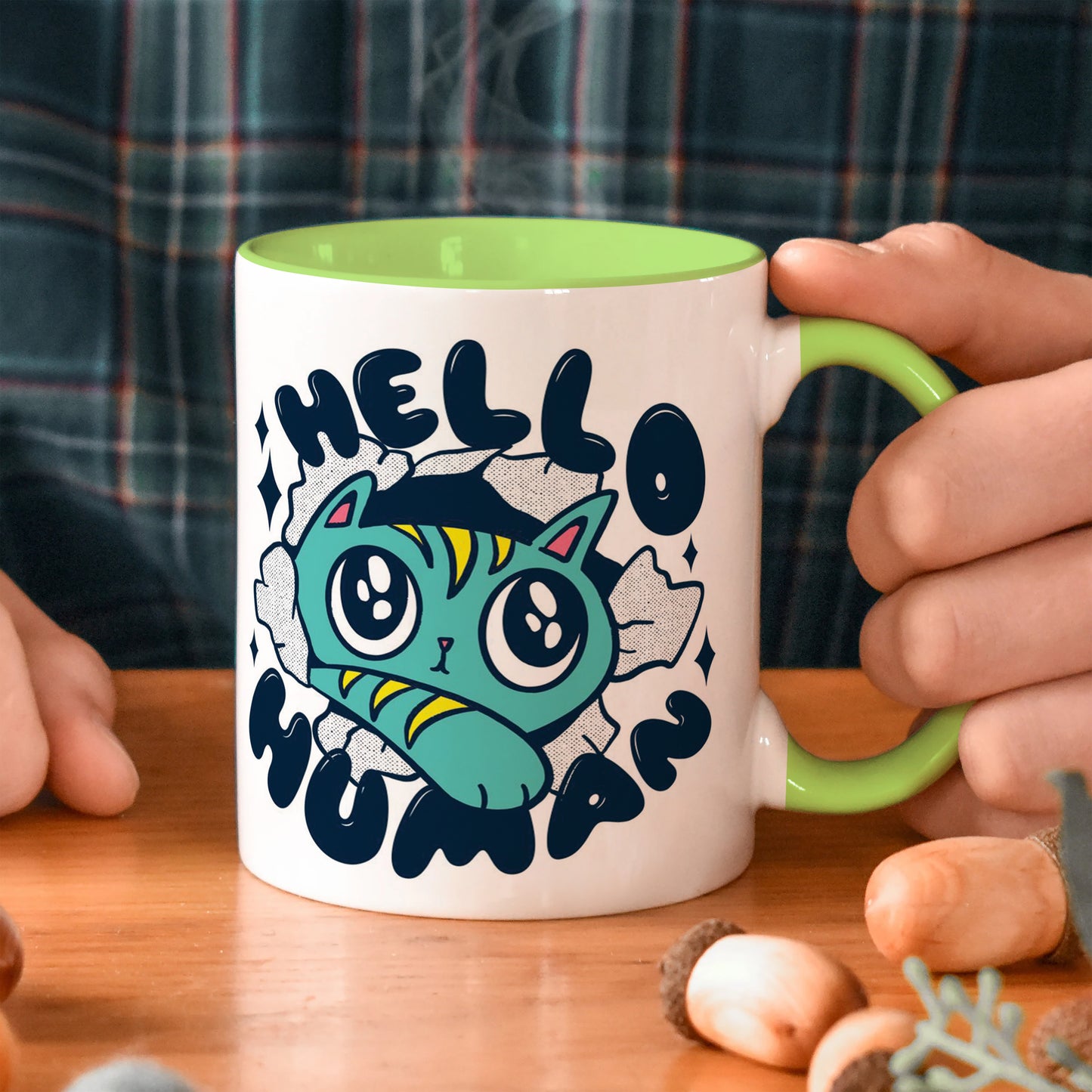 Cute Cat saying hello Human design Light Green Handle 330 ml Coffee Mug