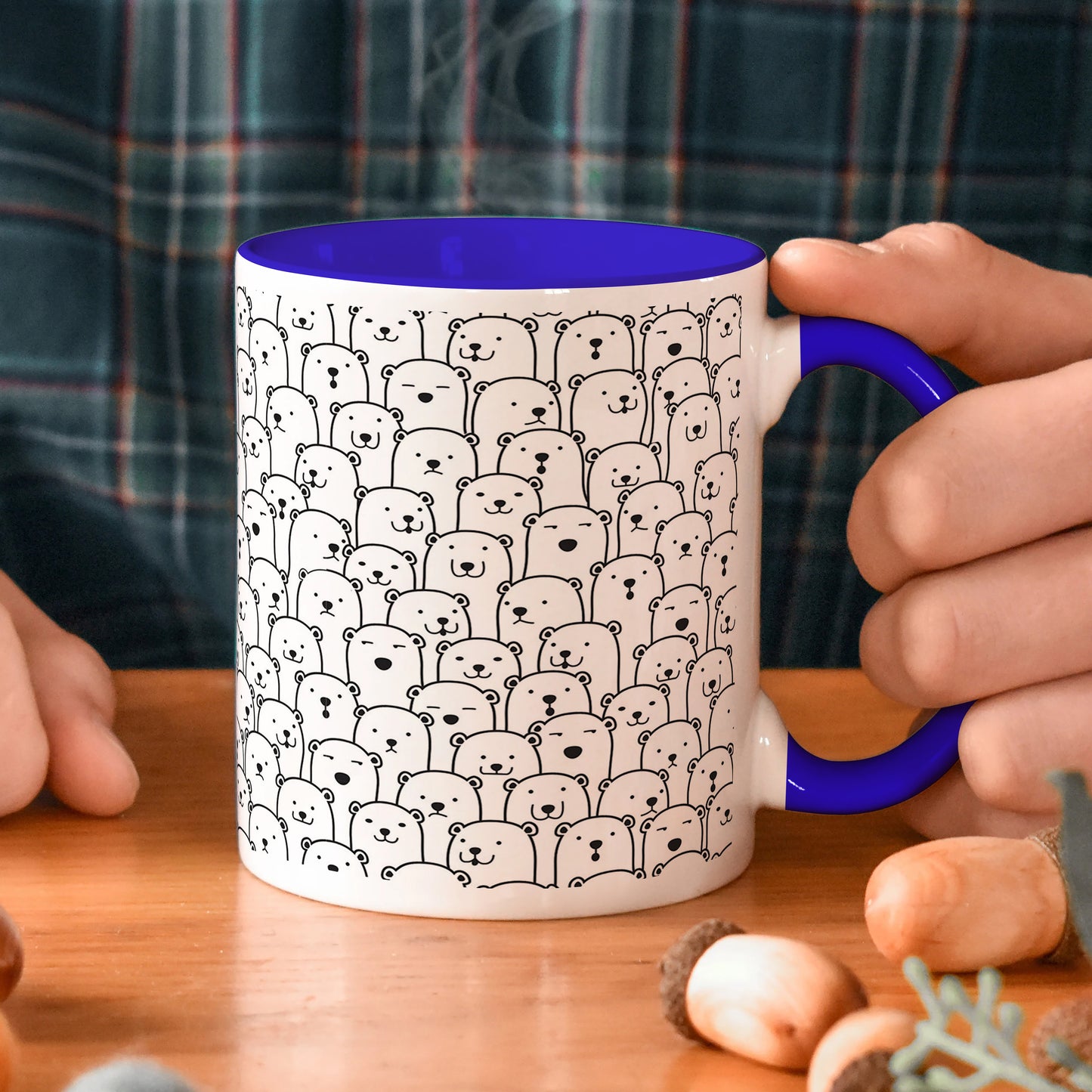 Black in white bear Doodle hand drawn pattern Dark Blue Handle 330 ml Coffee Mug