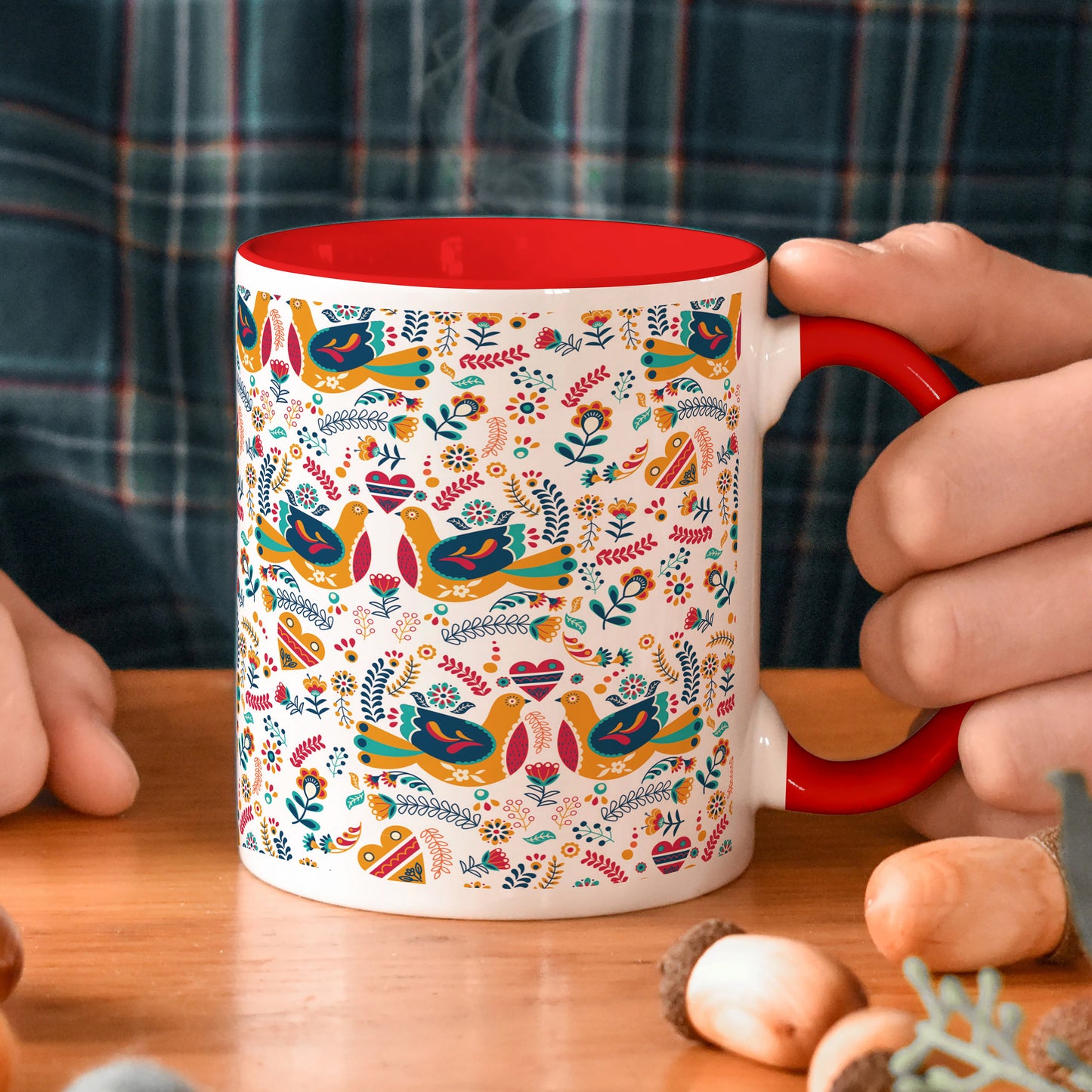Flat design Nordic pattern design Red Handle 330 ml Coffee Mug