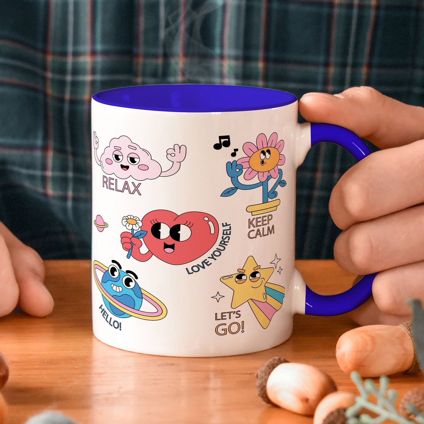 Hand drawn trendy cartoon badges design Dark Blue Handle 330 ml Coffee Mug