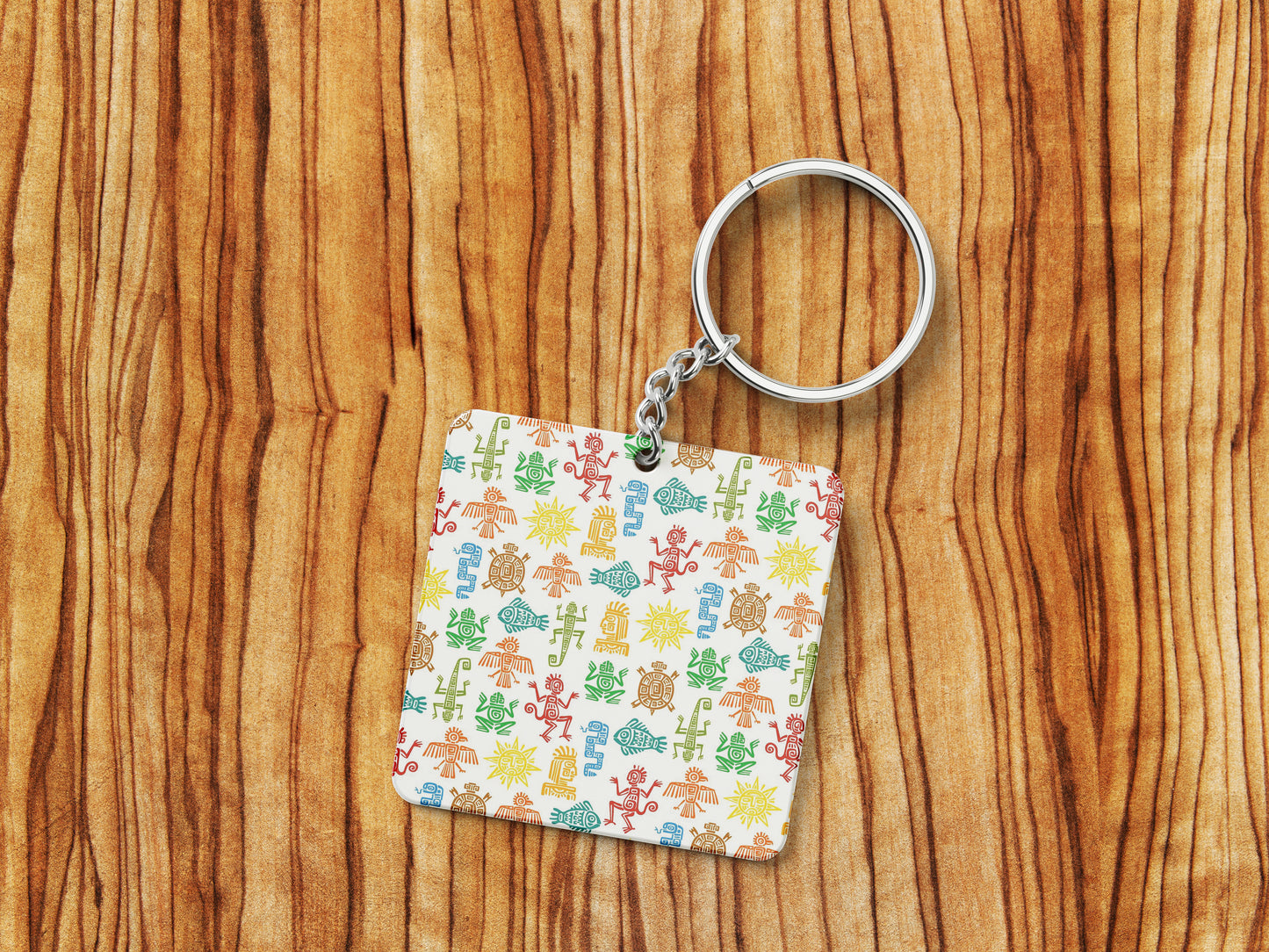 Maya Aztec Totems Seamless Pattern Printed 330 ml White Coffee Mug with Square Shape Wooden Keyring and Chain