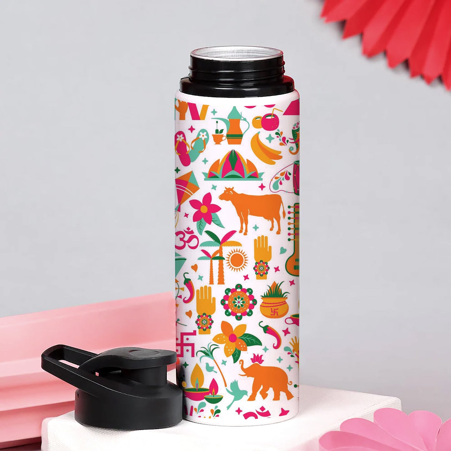 Indian architecture and Asian traditions set Pro Vector Printed Eagle Shape Water Bottle 750 ml For Gym, Yoga, Kids, Boys, Girls, Brother, Sister, Babies, Baby, Workout, Adults