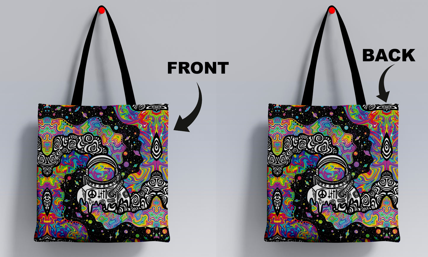 Trippy Astronaut Art Printed Black Handle Tote Bag (14 X 16 Inches) For Shopping, College, Travel