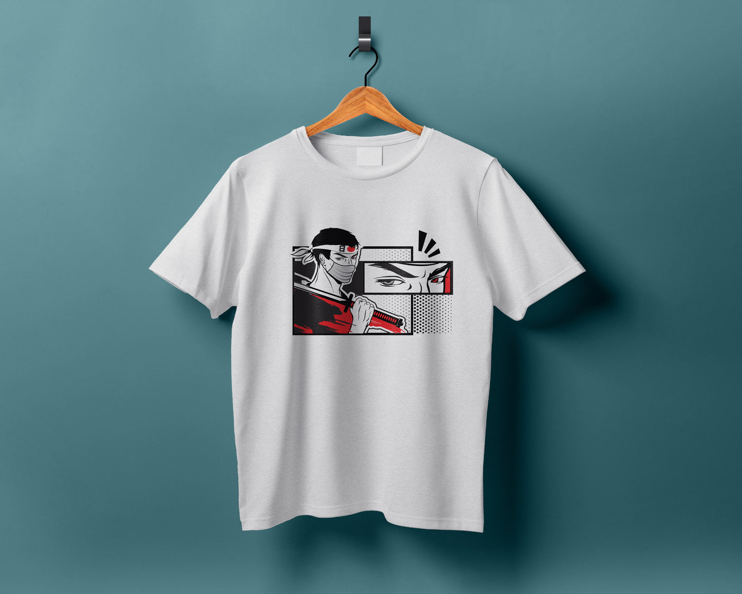 Masked samurai warrior holds a katana on his shoulder Printed White Round Neck Polyester T Shirt for Mens and woman's