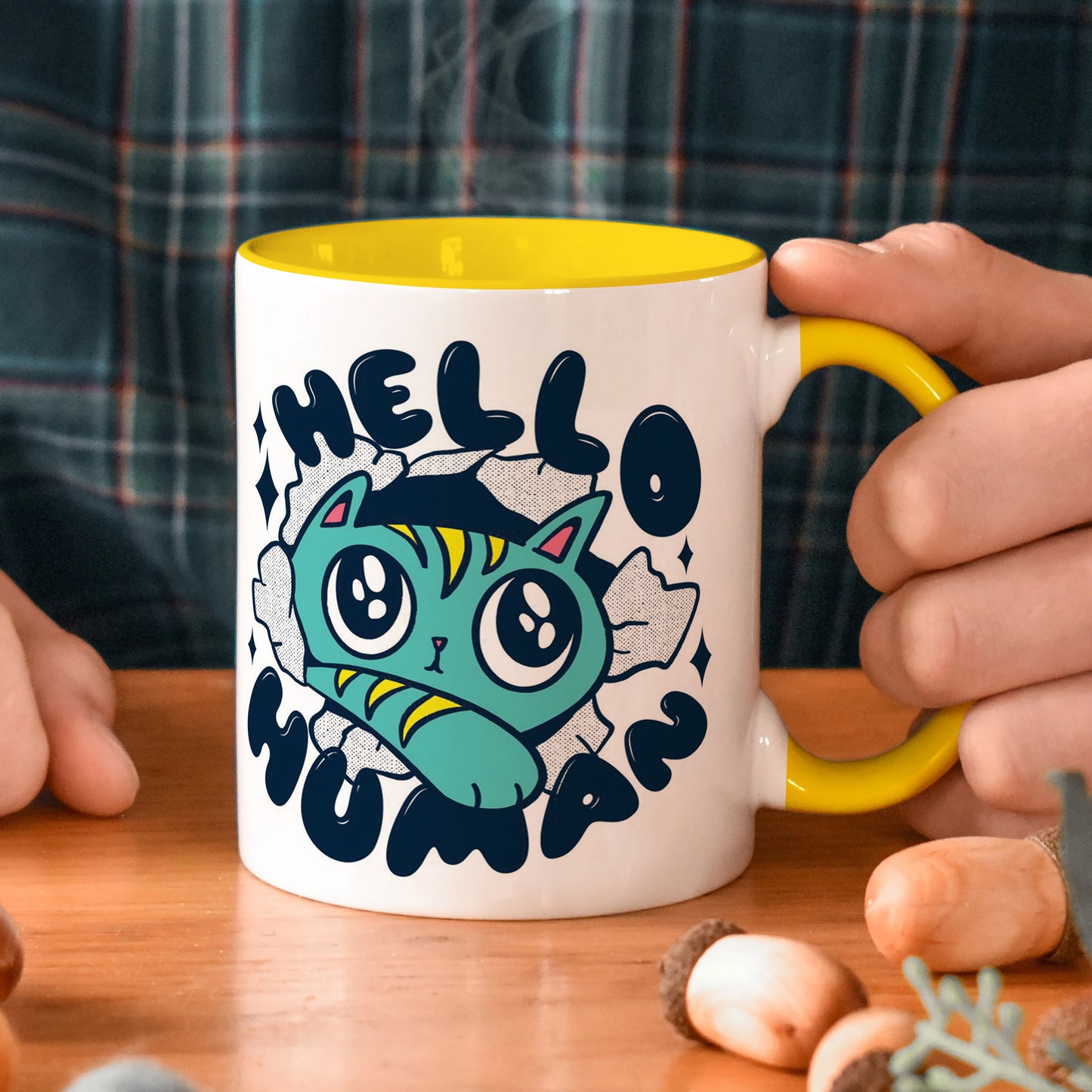 Cute Cat saying hello Human design Yellow Handle 330 ml Coffee Mug