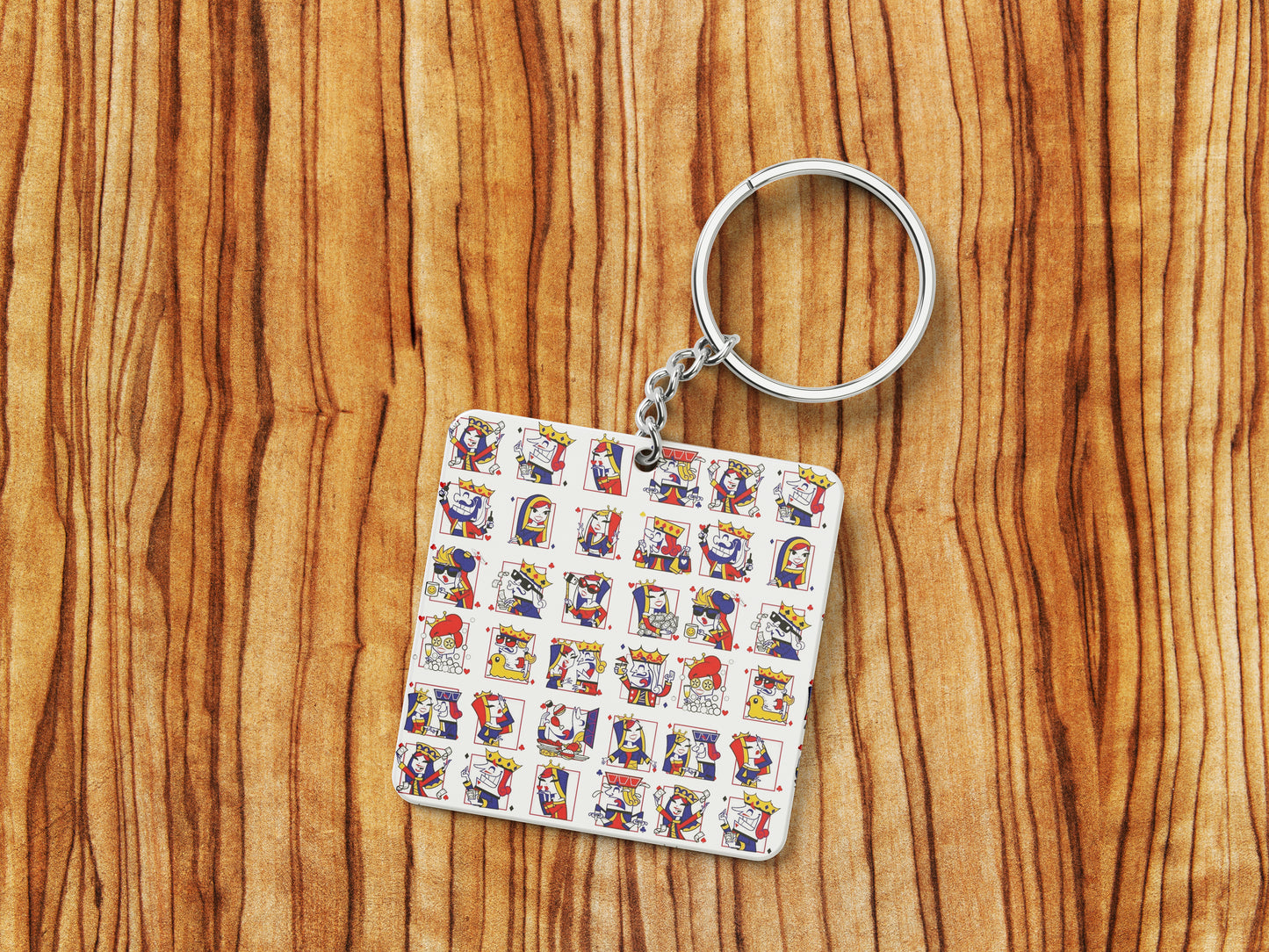 King and Queen Faces Pattern Printed 330 ml White Coffee Mug with Square Shape Wooden Keyring and Chain