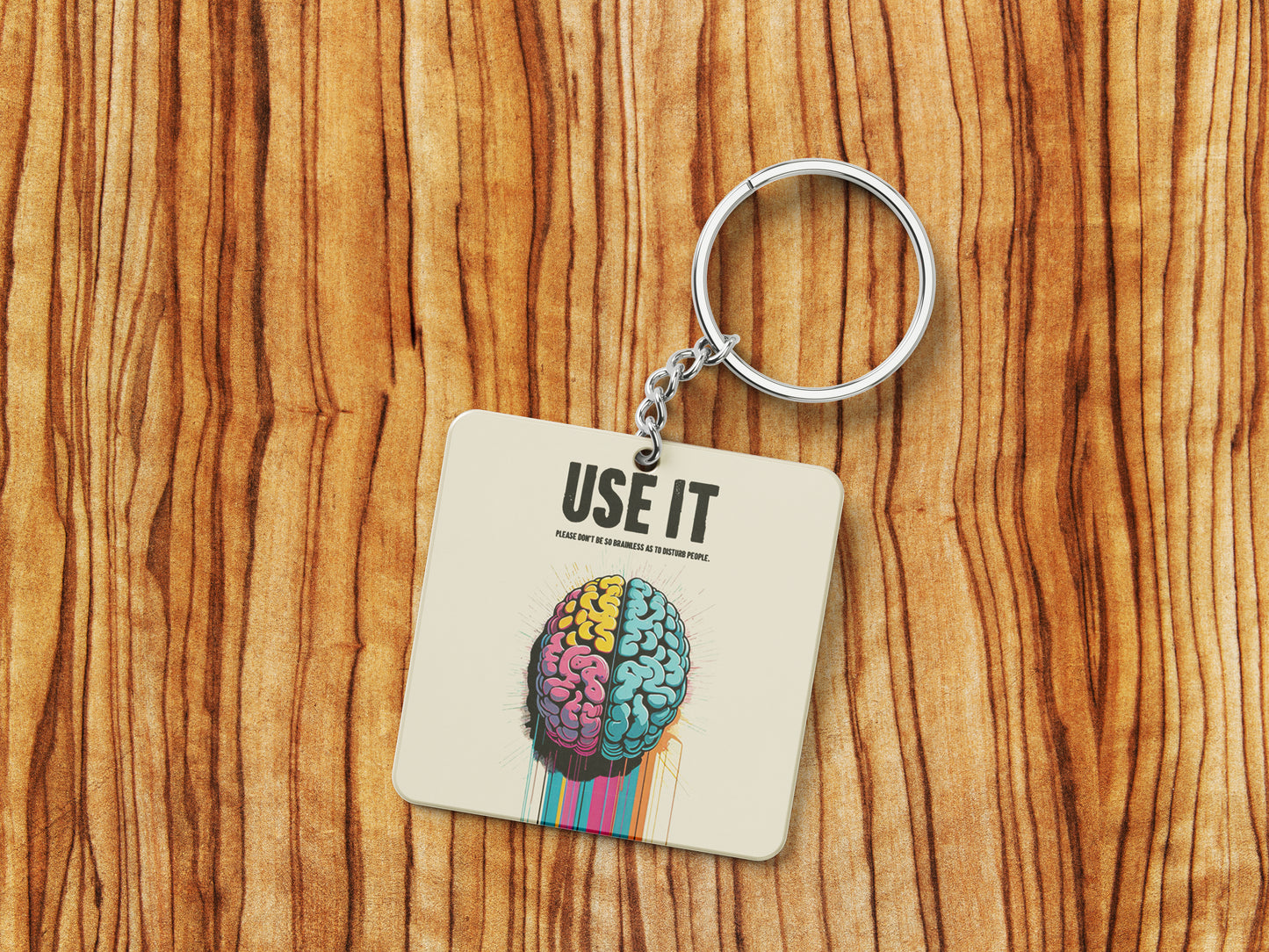 Vibrant Dual Hemisphere Brain Art Motivational Printed Square Shape Wooden Keyring with Chain