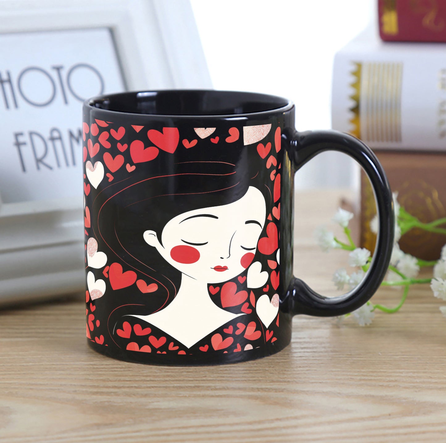 Woman and Hearts Vector Art Pattern Combo Mugs and Coaster(Set of 2 Mugs and 2 coasters) 330 ml Full Black Coffee Mug