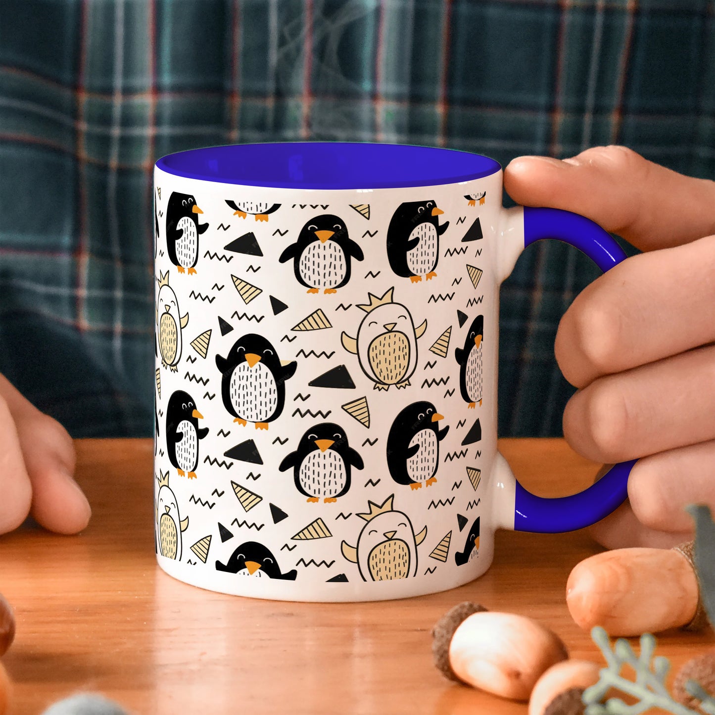 Hand drawn penguin doodle pattern Dark Blue Handle 330 ml Coffee Mug