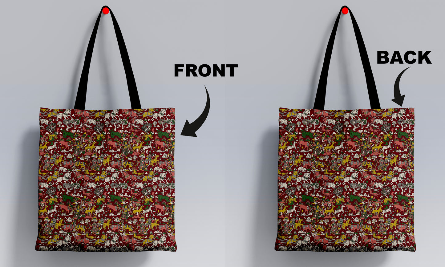Kalamkari Art Design Printed Black Handle Tote Bag (14 X 16 Inches) For Shopping, College, Travel