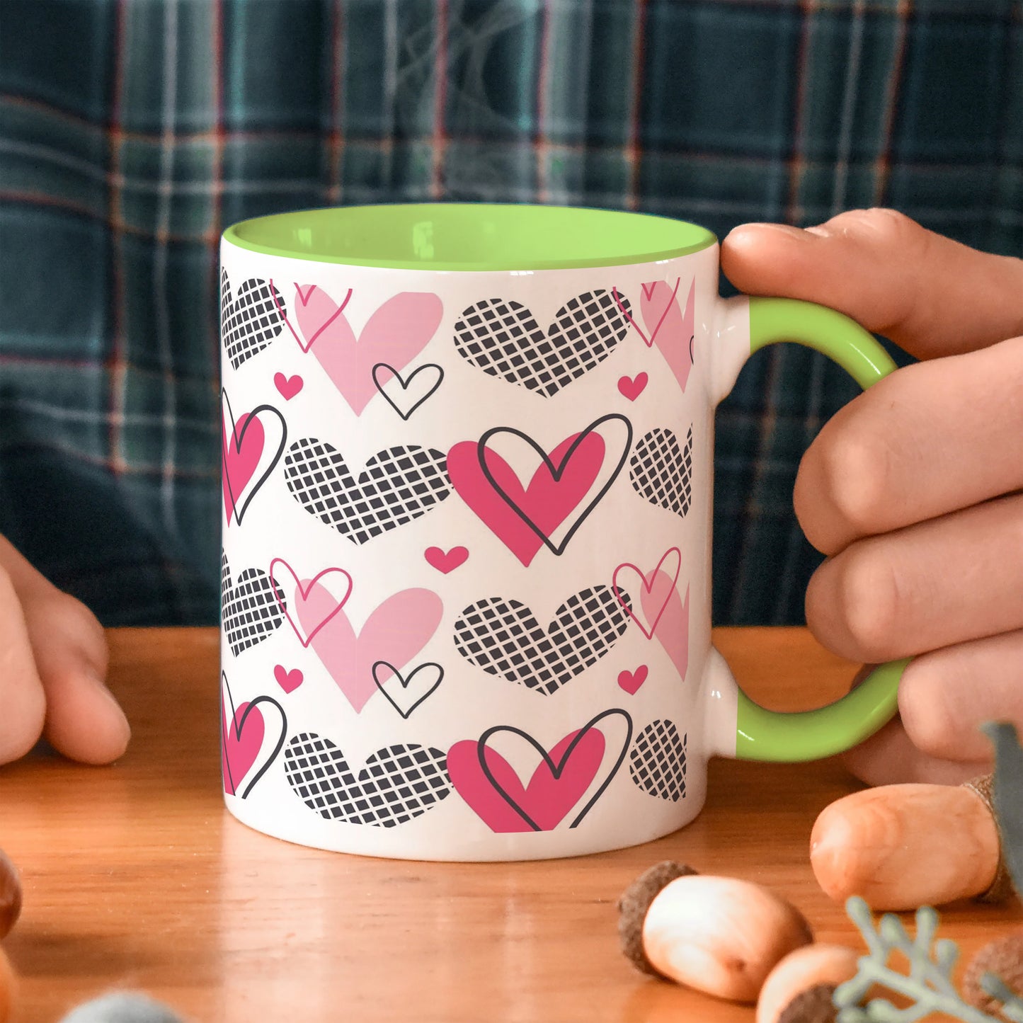Hearts Pattern design Light Green Handle 330 ml Coffee Mug
