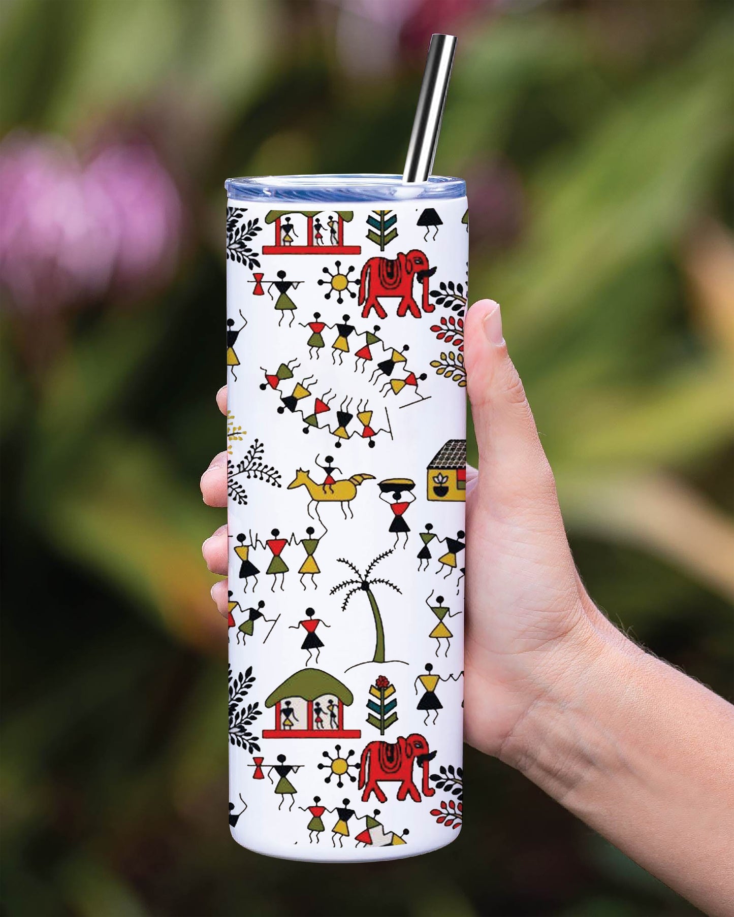 Hand drawn traditional the ancient tribal art India Printed 750ML with Lid Leak Proof Travel Tumbler with Straw