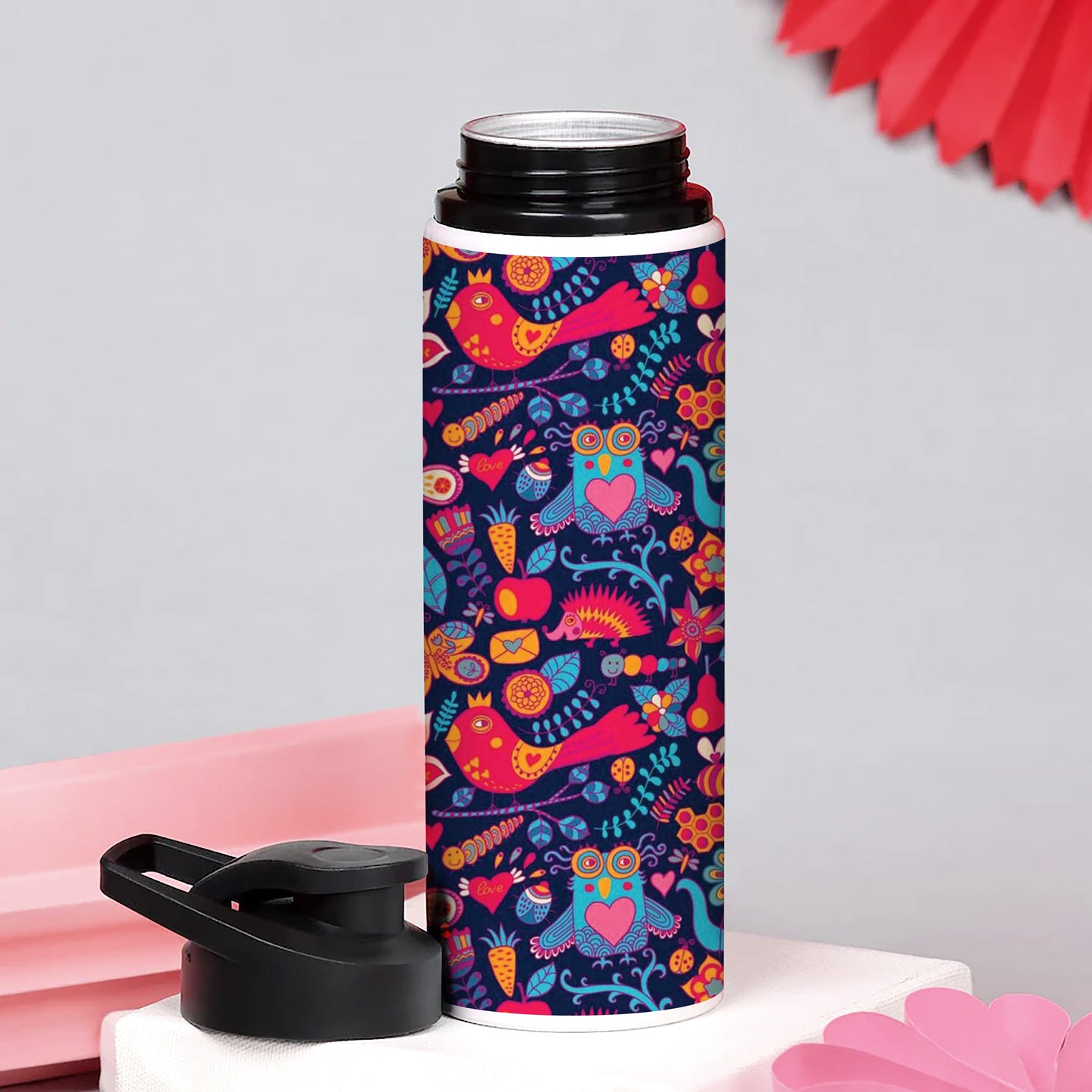 Owl, rabbit, butterfly, hedgehog Forest seamless pattern Printed Eagle Shape Water Bottle 750 ml For Gym, Yoga, Kids, Boys, Girls, Brother, Sister, Babies, Baby, Workout, Adults