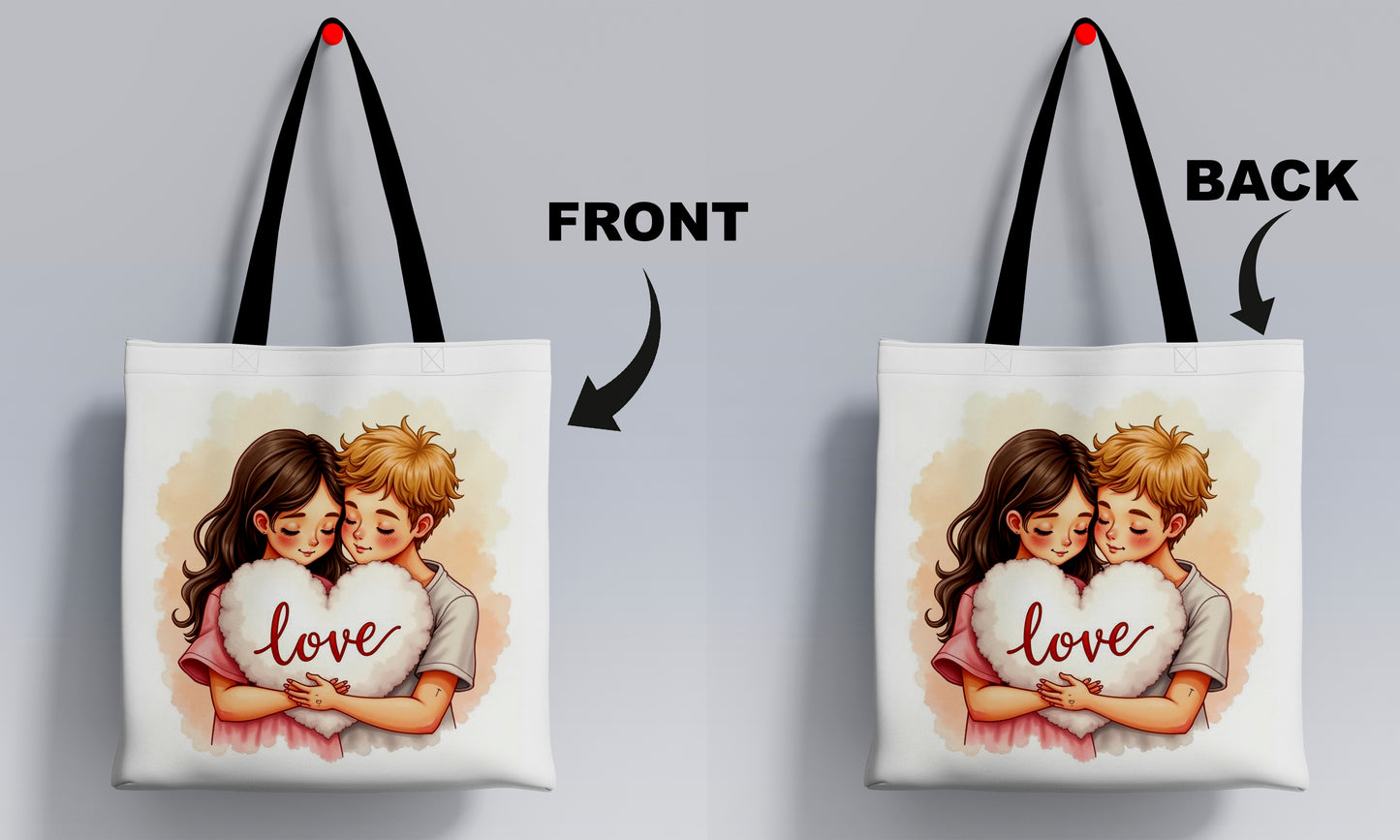 Cute Couple Vector Art Design Printed Black Handle Tote Bag (14 X 16 Inches) For Shopping, College, Travel