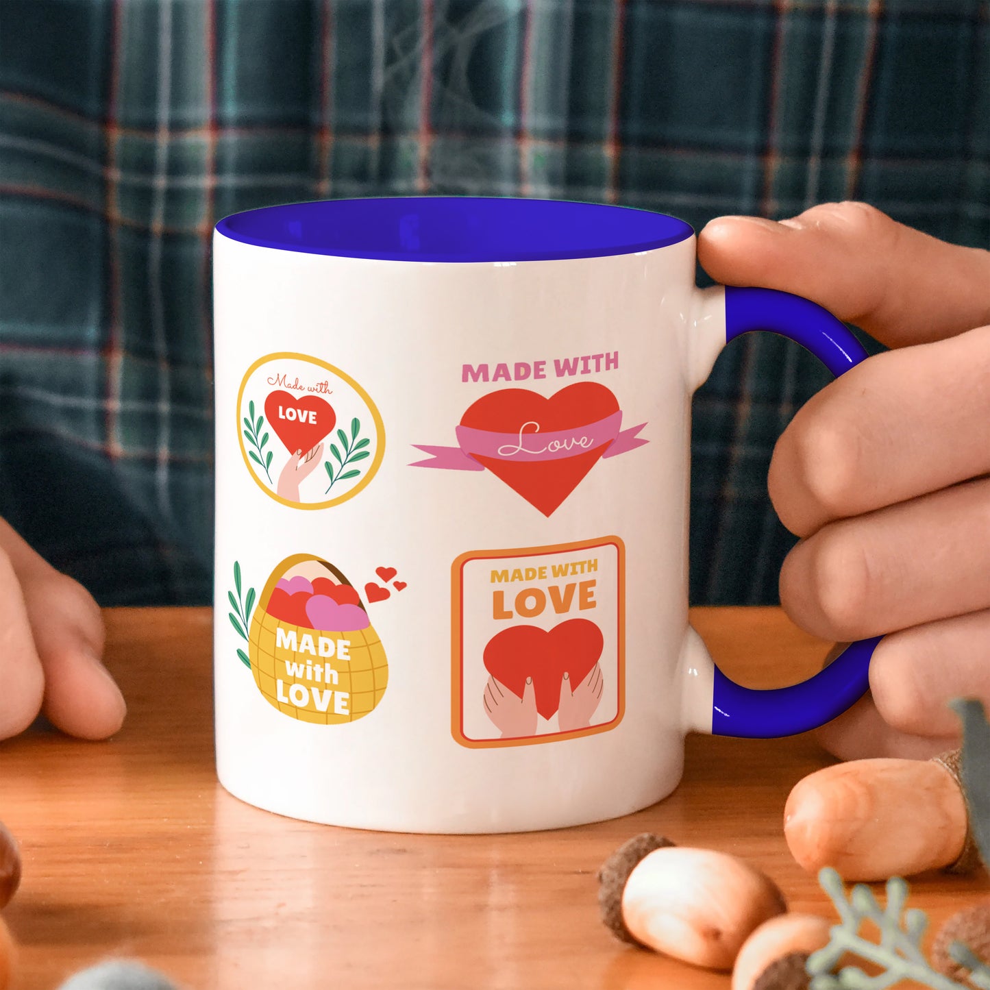 Hand drawn made with love floral label design Dark Blue Handle 330 ml Coffee Mug