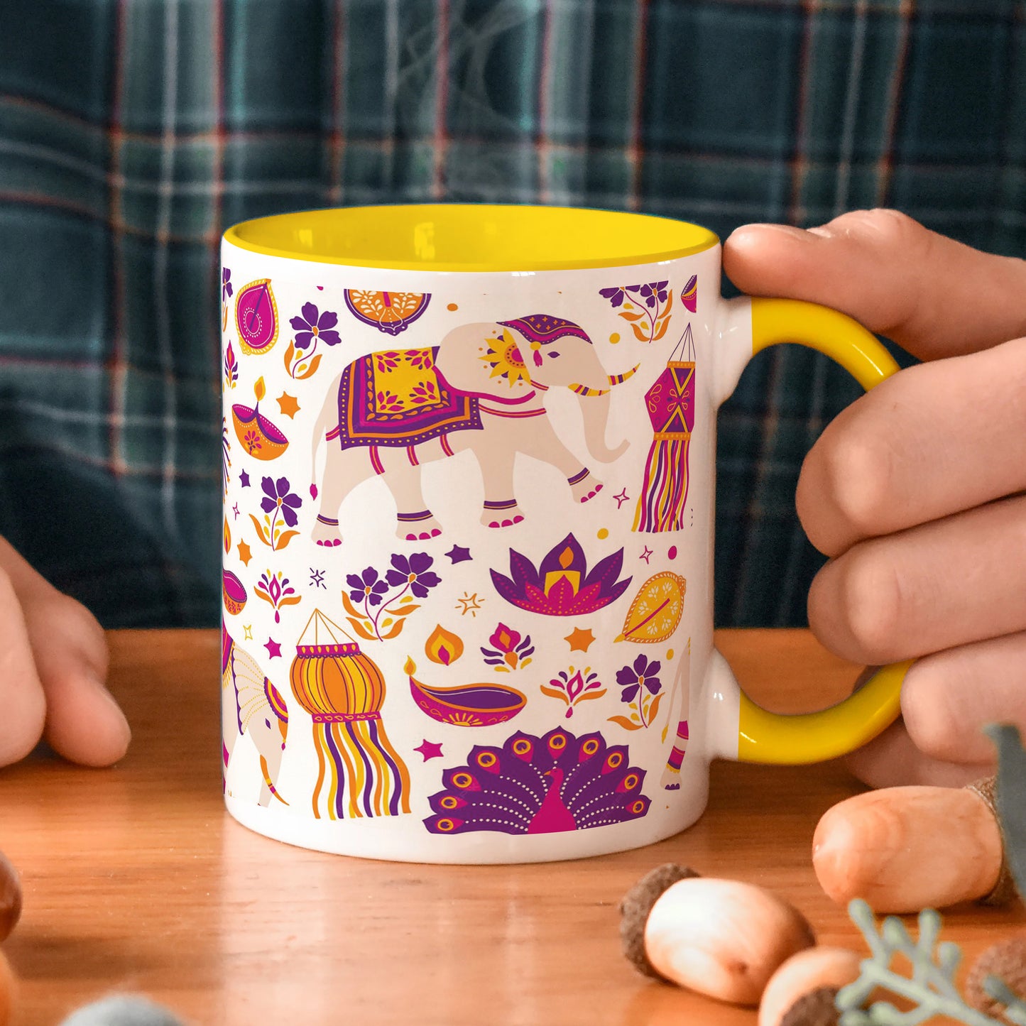 Happy Diwali vector elements seamless pattern design Yellow Handle 330 ml Coffee Mug