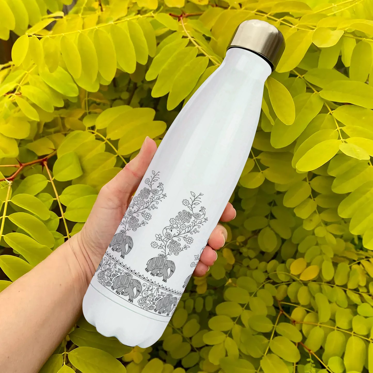 Seamless black and white elephant and peacock pattern Cola Bottle 500ml School Bottle, Picnic Bottle, Leak Proof