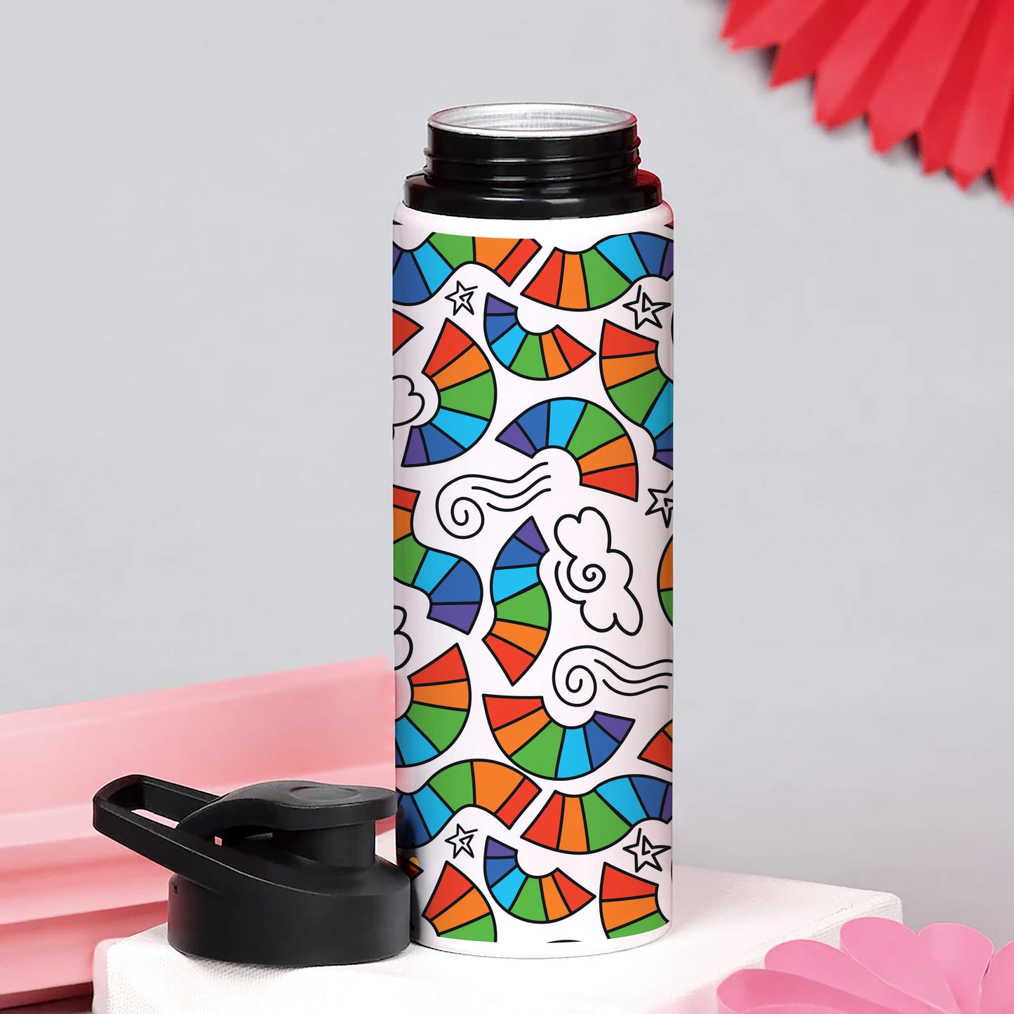 Hand drawn rainbow pattern design Printed Eagle Shape Water Bottle 750 ml For Gym, Yoga, Kids, Boys, Girls, Brother, Sister, Babies, Baby, Workout, Adults