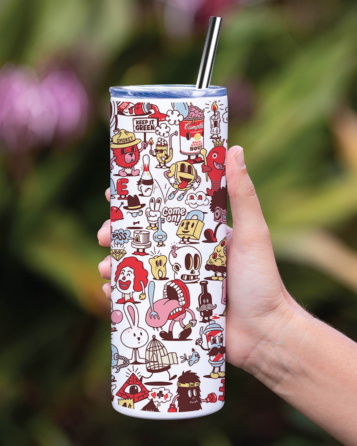 Cartoon doodle Pattern Printed 750ML with Lid Leak Proof Travel Tumbler with Straw