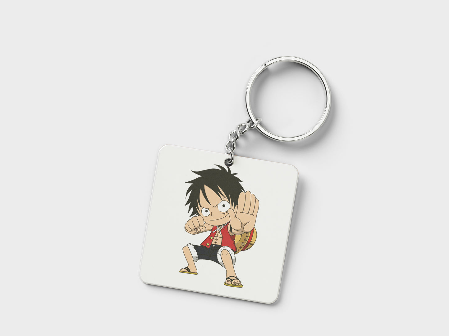 Child Monkey D Luffy Sticker Printed Square Shape Wooden Keyring with Chain