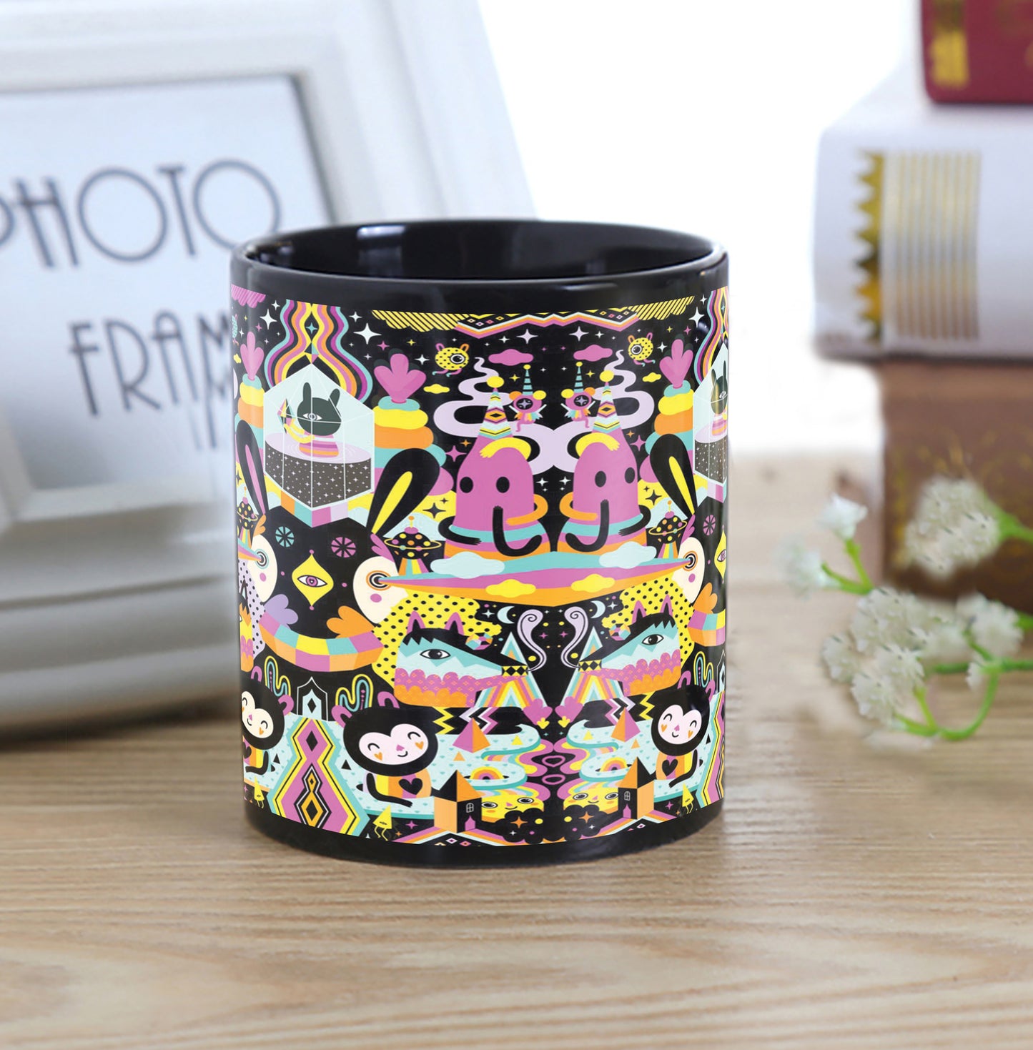 Modern illustration Art Design Full Black 330 ml Coffee Mug with Coaster