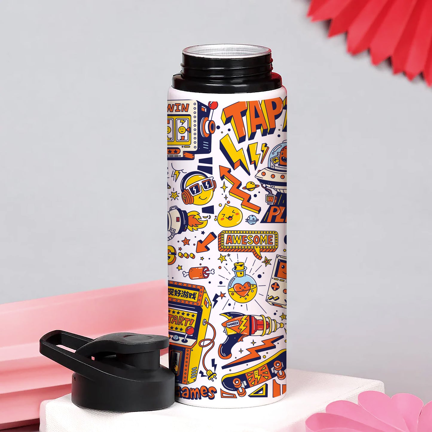 Game city colorful doodle art Printed Eagle Shape Water Bottle 750 ml For Gym, Yoga, Kids, Boys, Girls, Brother, Sister, Babies, Baby, Workout, Adults