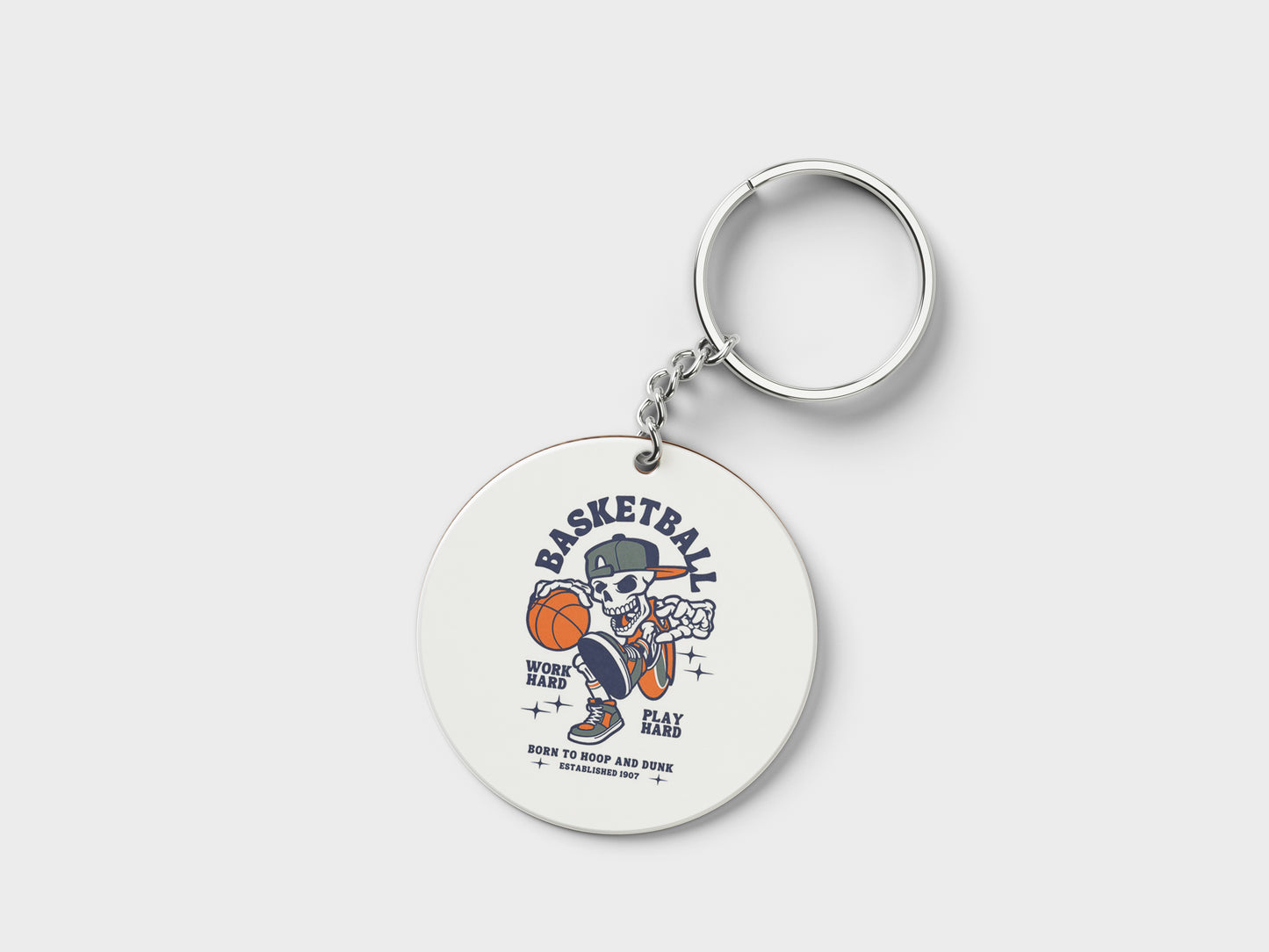 Basketball Skeleton Playing Basketball Halloween Printed Circle Shape Wooden Keyring with Chain