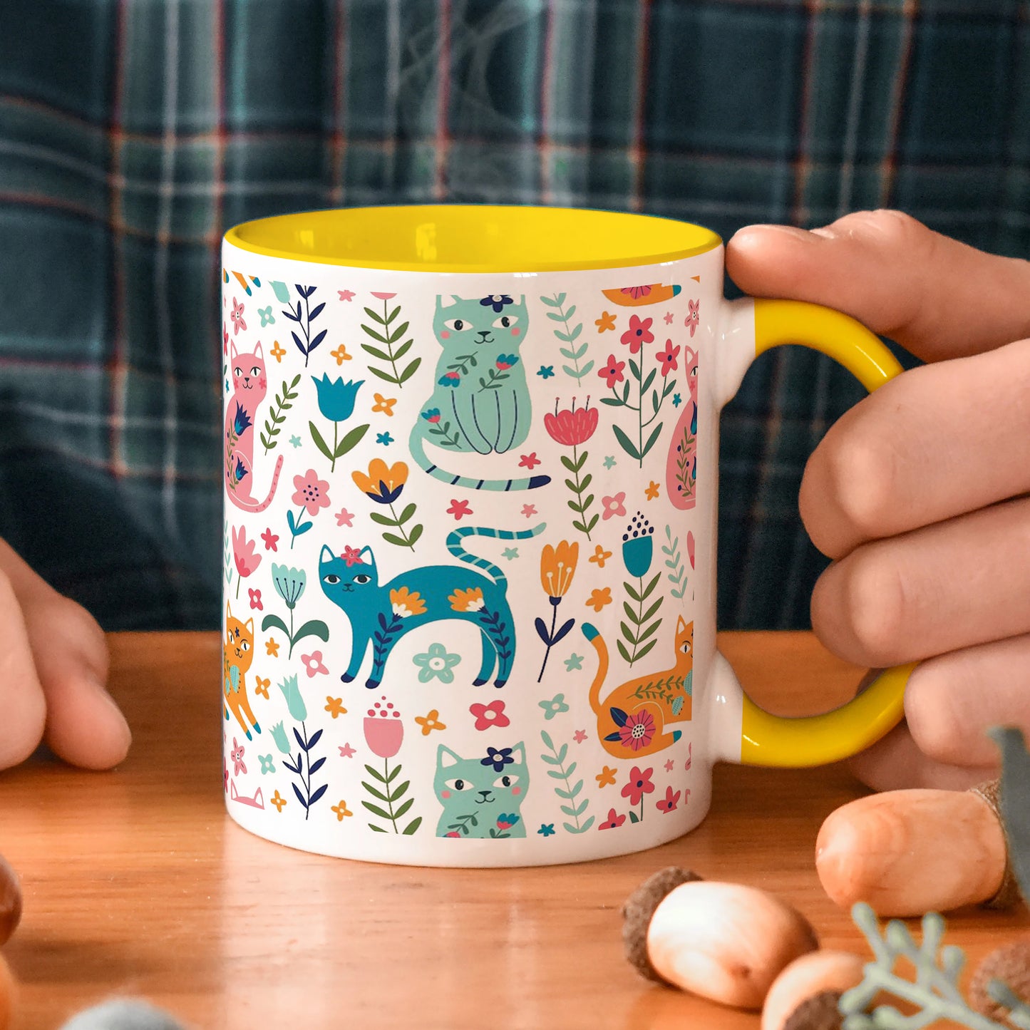 Vector seamless pattern with flowers and cats Cute Flower Cats in cartoon style Yellow Handle 330 ml Coffee Mug