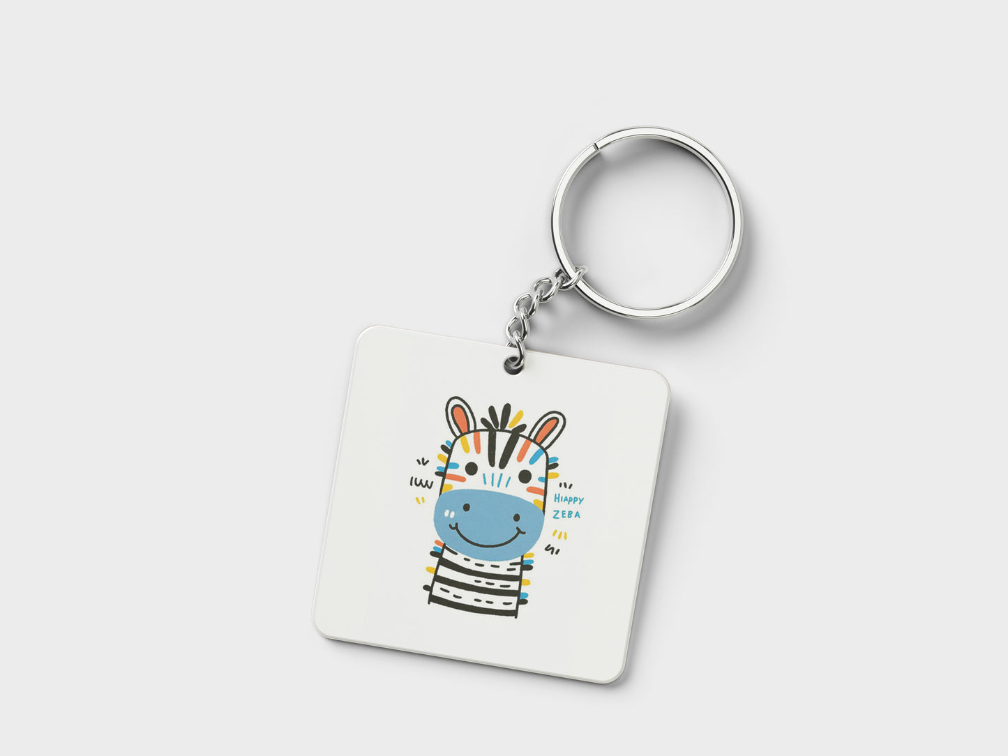 Colorful Standing Zebra Printed Square Shape Wooden Keyring with Chain