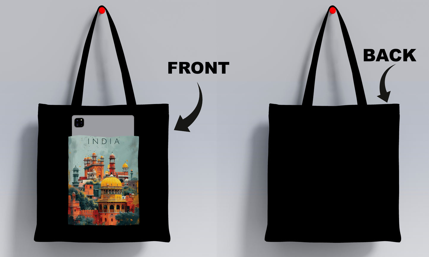 Indian Fort Vector Design Printed Black Patch With Pocket Tote Bag (14 X 16 Inches) For Shopping, College, Travel