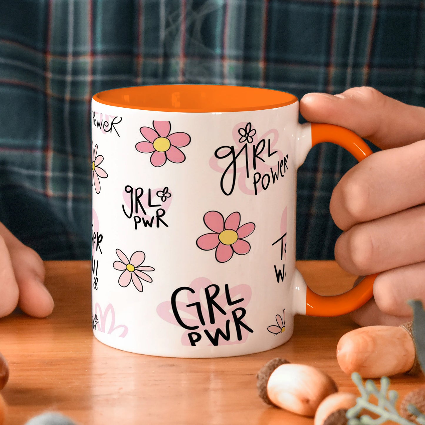 Cute pink flower and heart drawings Seamless pattern Orange Handle 330 ml Coffee Mug