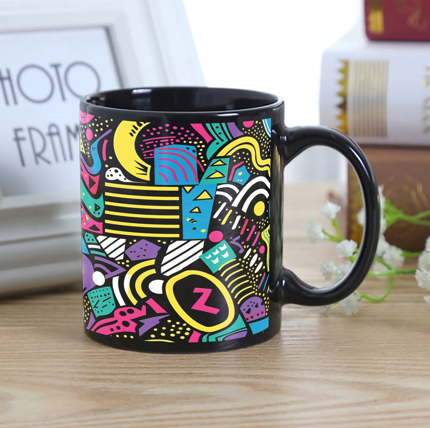 Doodle Art Seamless Shapes and Textures Pattern Combo Mugs and Coaster(Set of 2 Mugs and 2 coasters) 330 ml Full Black Coffee Mug